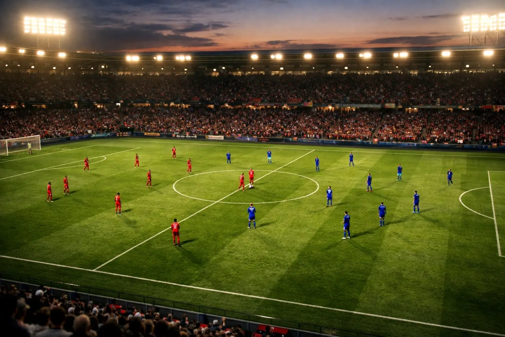 Voetbalstadion met spelers op het veld tijdens een wedstrijd