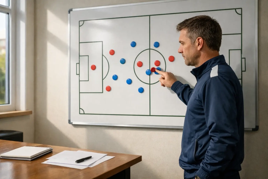 Twee voetbalteams in actie bij het doel