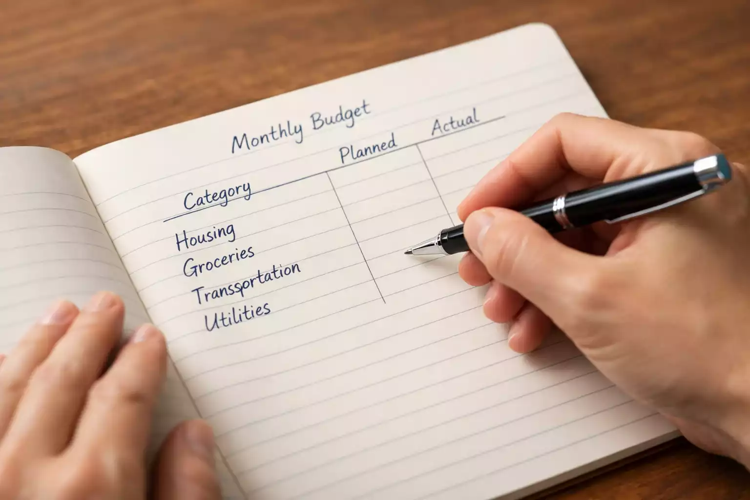 Hand schrijft budget planning in notitieblok