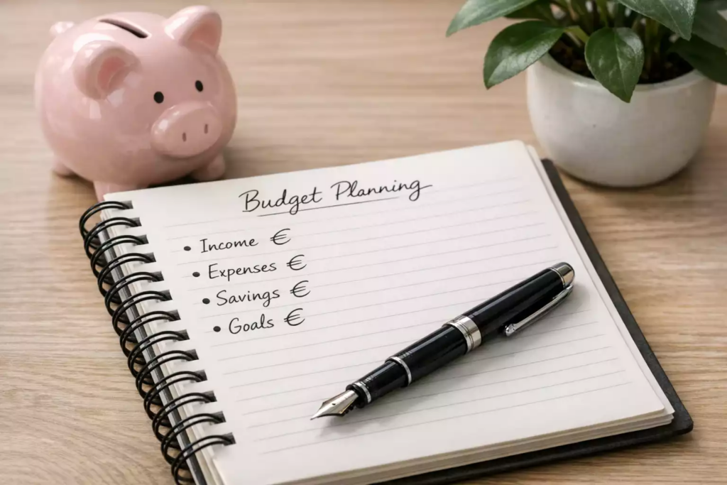 Notitieboek met budgetplanning en eurotekens voor verantwoord wedden