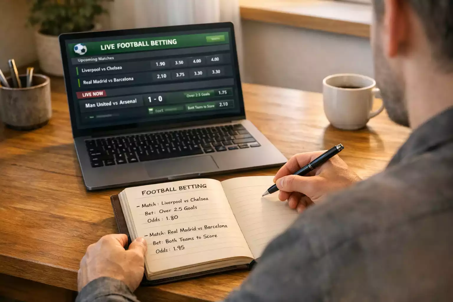 Persoon maakt aantekeningen in notitieboek naast laptop