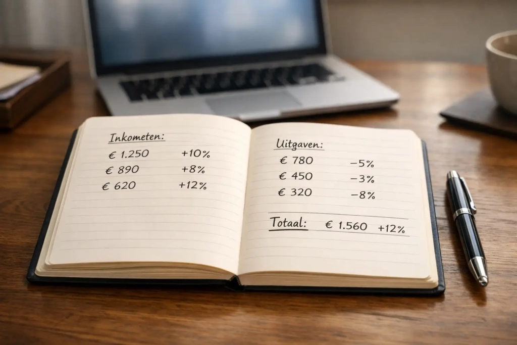 Notitieboek met financieel overzicht en pen op bureau naast laptop