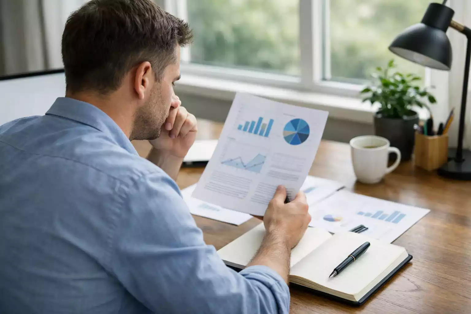 Persoon analyseert gegevens op papier bij bureau