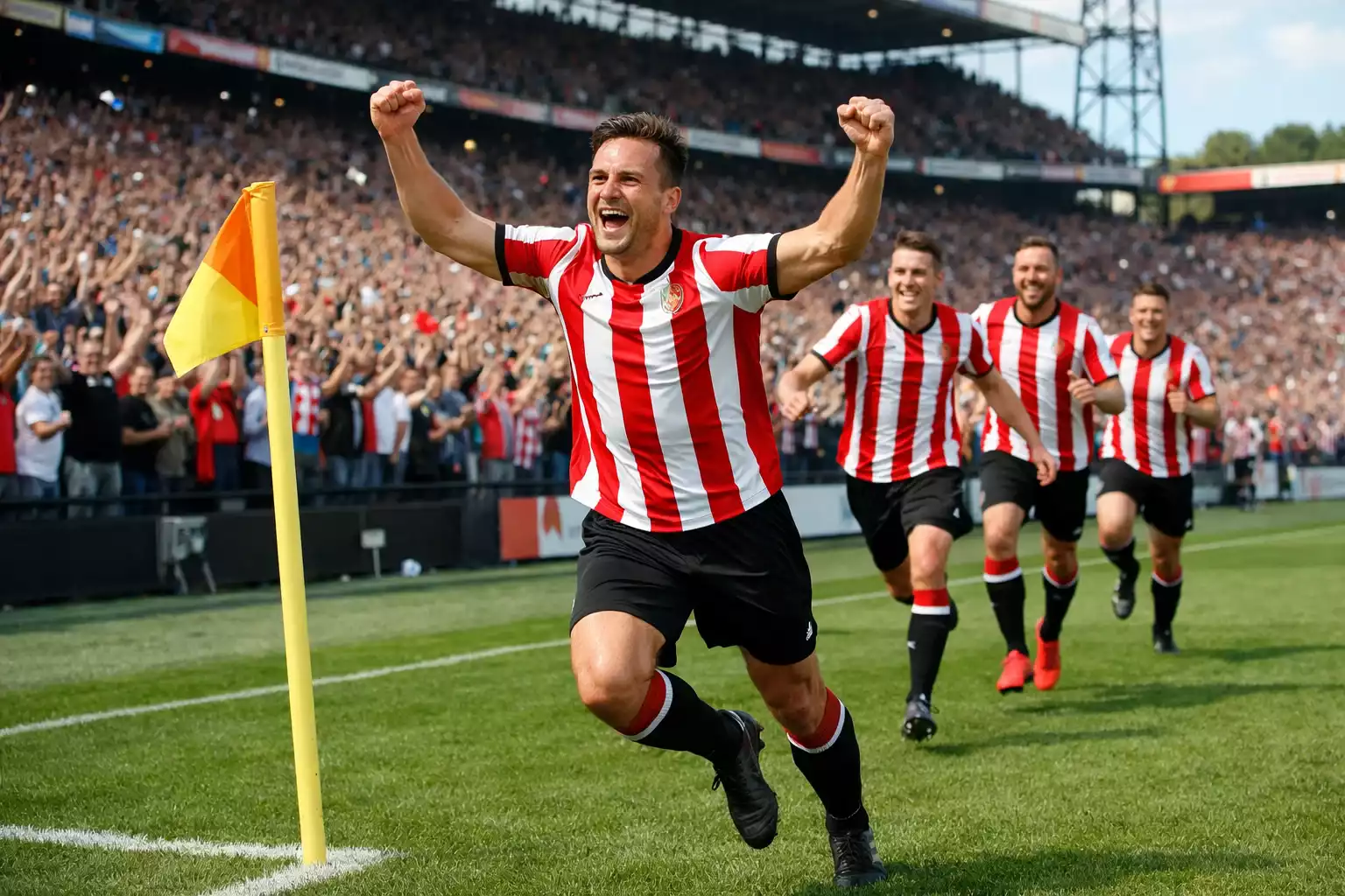 Voetballer viert doelpunt in Nederlands stadion