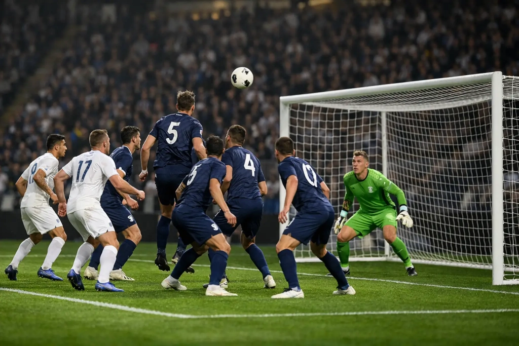 Twee voetbalteams in actie bij het doel