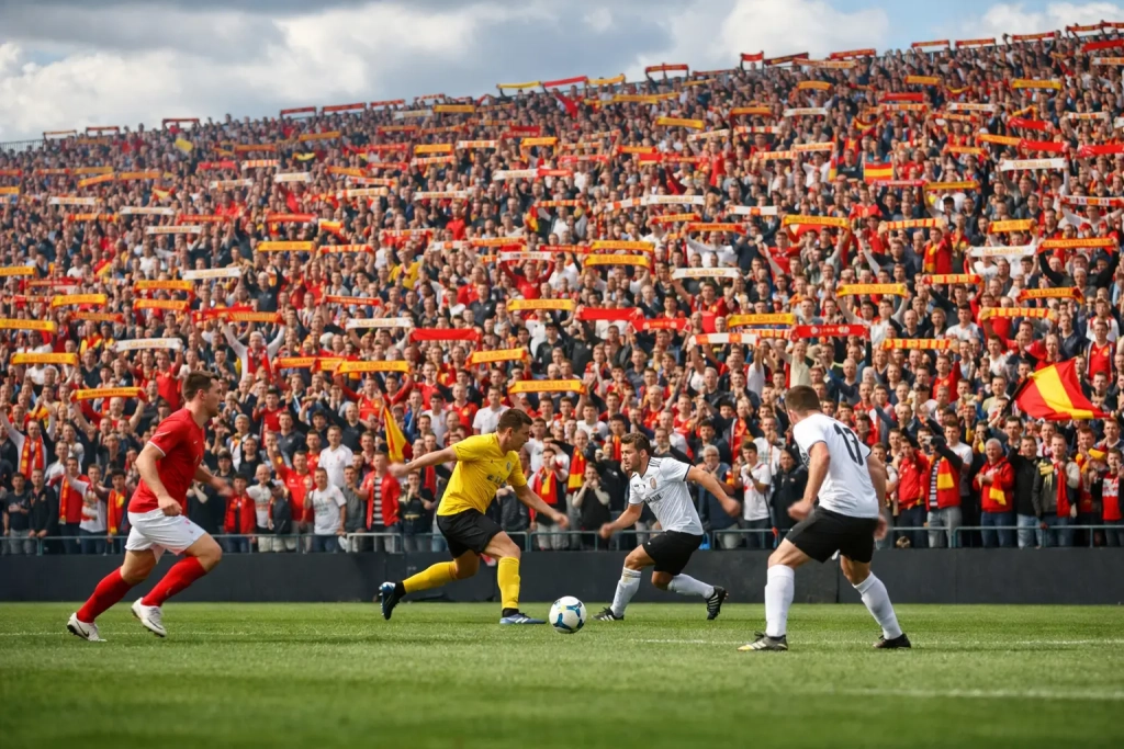 Bundesliga wedstrijd met enthousiaste Duitse supporters op de staantribune