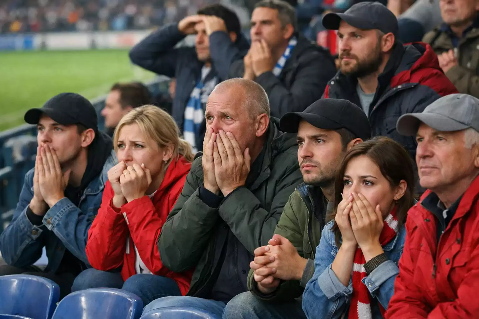 Voetbalsupporters reageren op spannend moment in wedstrijd