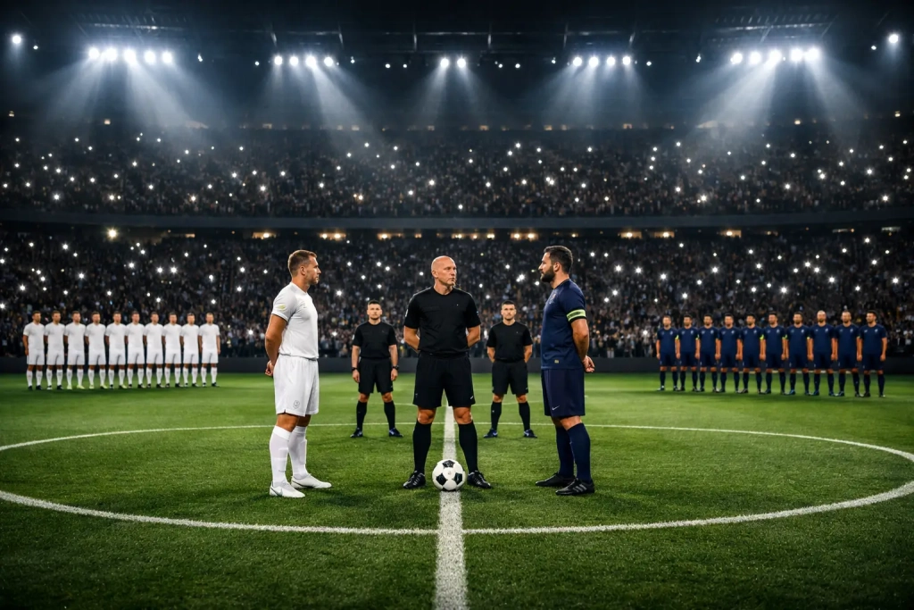 Champions League wedstrijd onder de stadionlichten met Europese topclubs