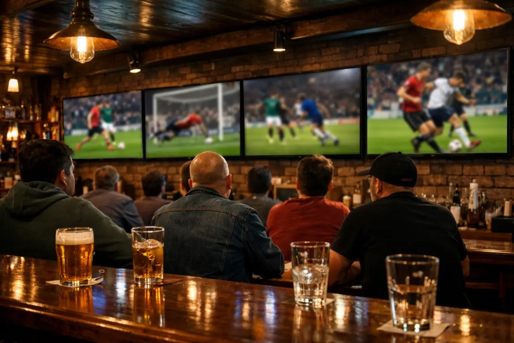 Meerdere voetbalwedstrijden op schermen in een sportkantine