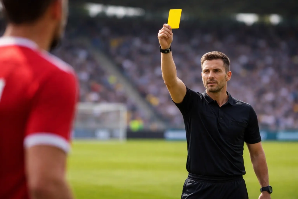 Scheidsrechter toont gele kaart tijdens voetbalwedstrijd met hoekschopvlag zichtbaar