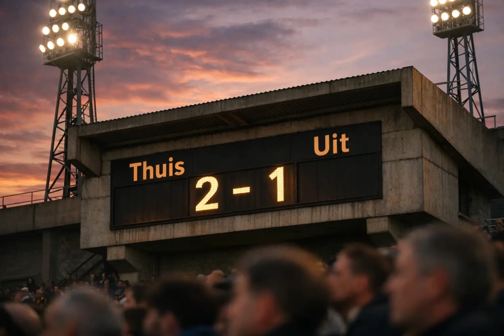 Scorebord bij een voetbalstadion met eindstand