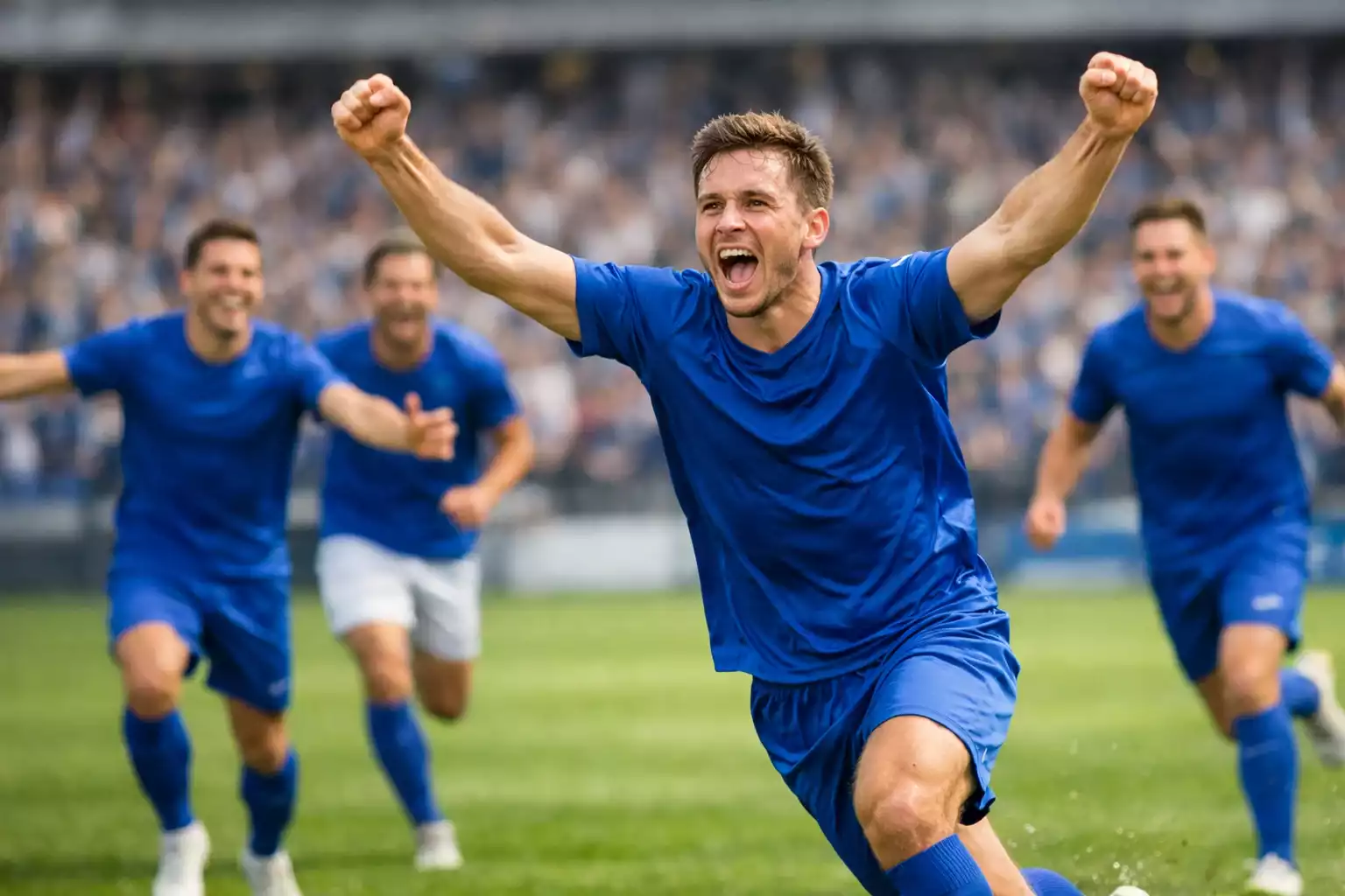Voetballer viert doelpunt met teamgenoten op het veld