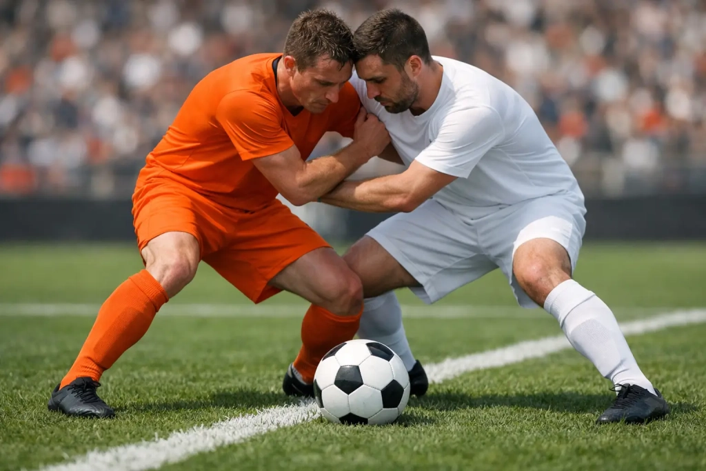 Voetballers in duel om de bal op het middenveld