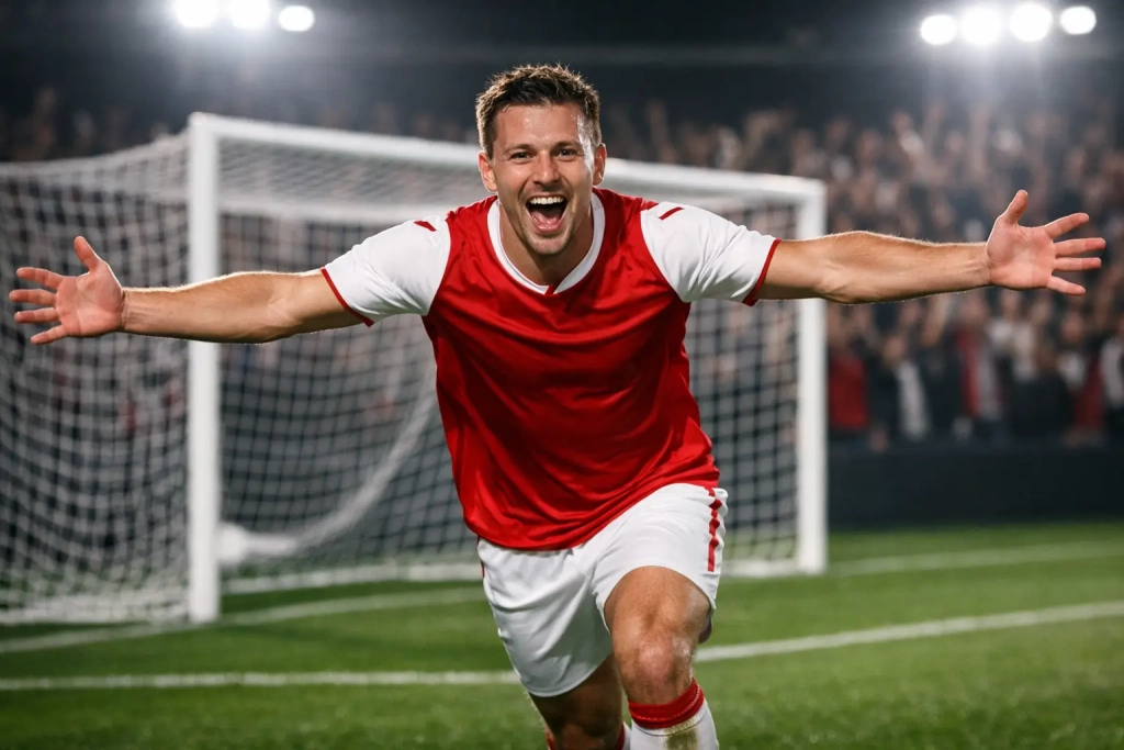 Voetbalspits viert doelpunt bij het net