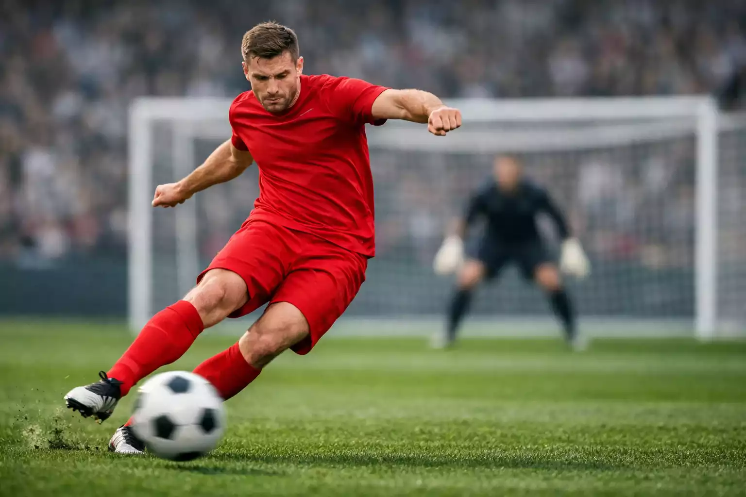 Voetbalspeler schiet op doel tijdens een competitiewedstrijd