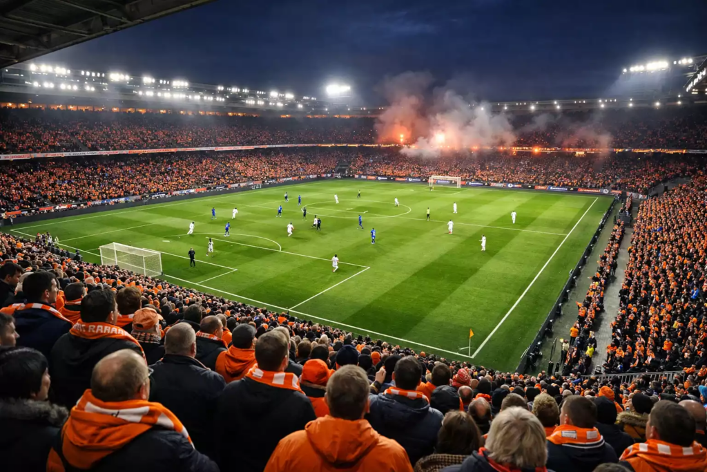 Nederlands voetbalstadion tijdens Eredivisie-wedstrijd met enthousiast publiek