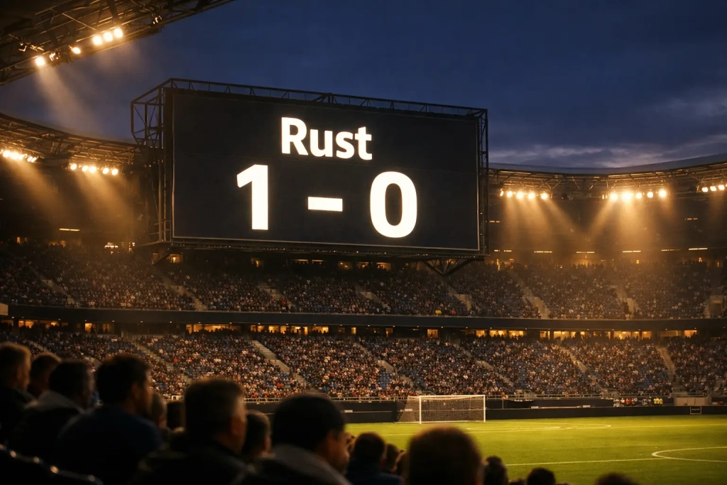 Voetbalstadion met scorebord dat ruststand toont tijdens wedstrijd