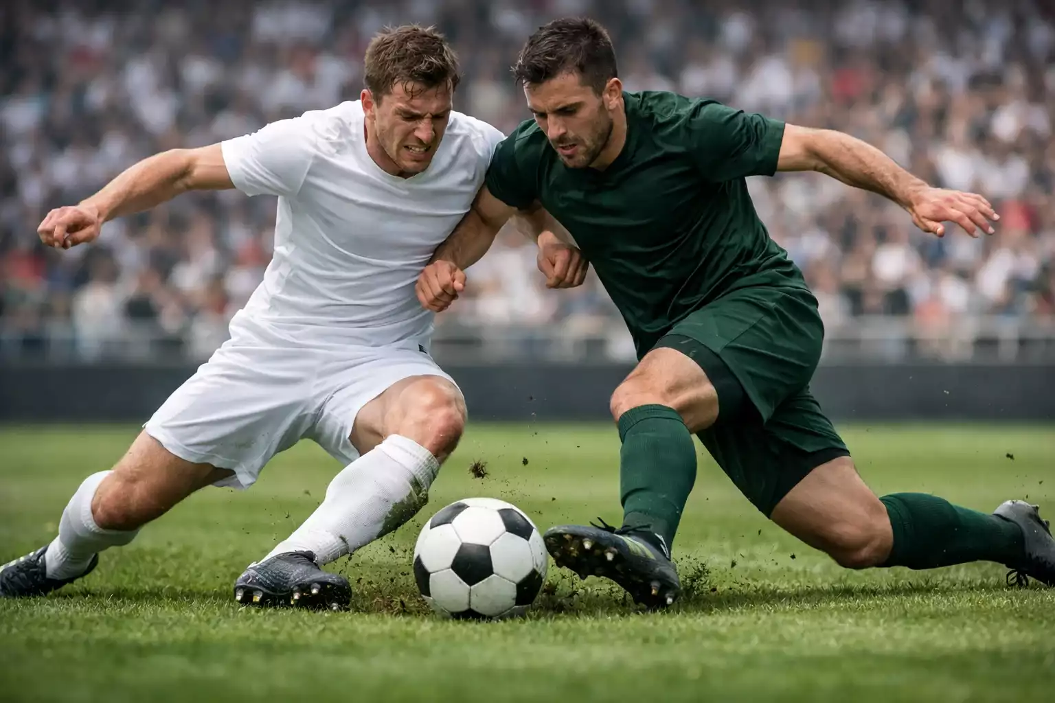 Twee voetbalteams in actie tijdens een competitieduel