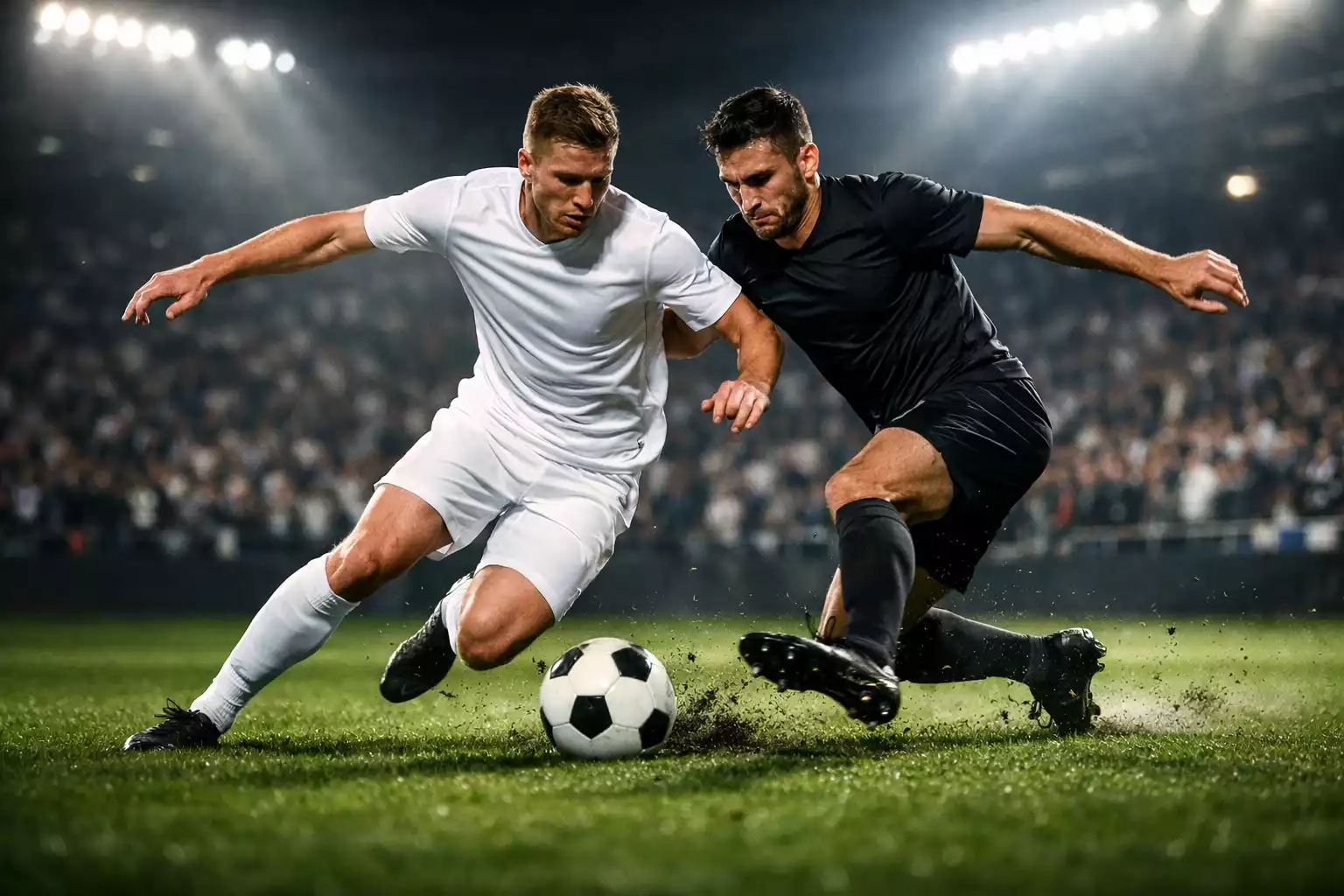 Voetballers in actie tijdens avondwedstrijd onder stadionlichten