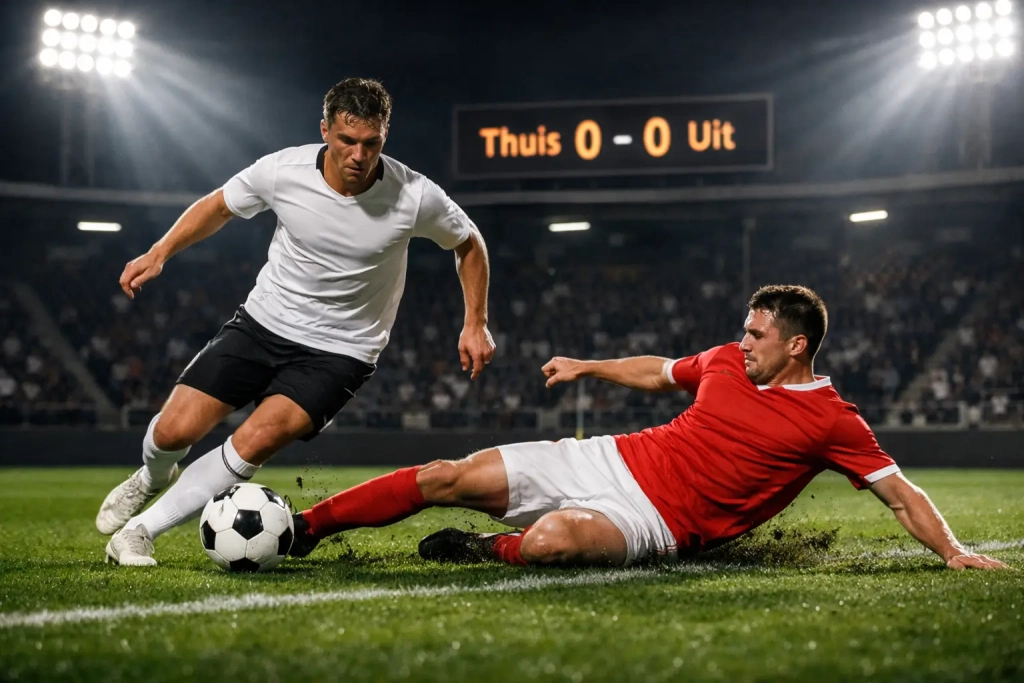 Voetbalwedstrijd met scorebord en weddenschapschermen op de achtergrond