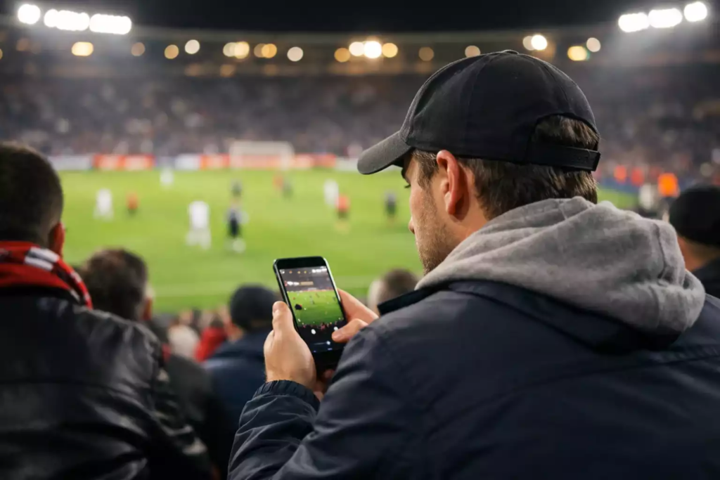 Supporter volgt live voetbalwedstrijd in stadion met smartphone