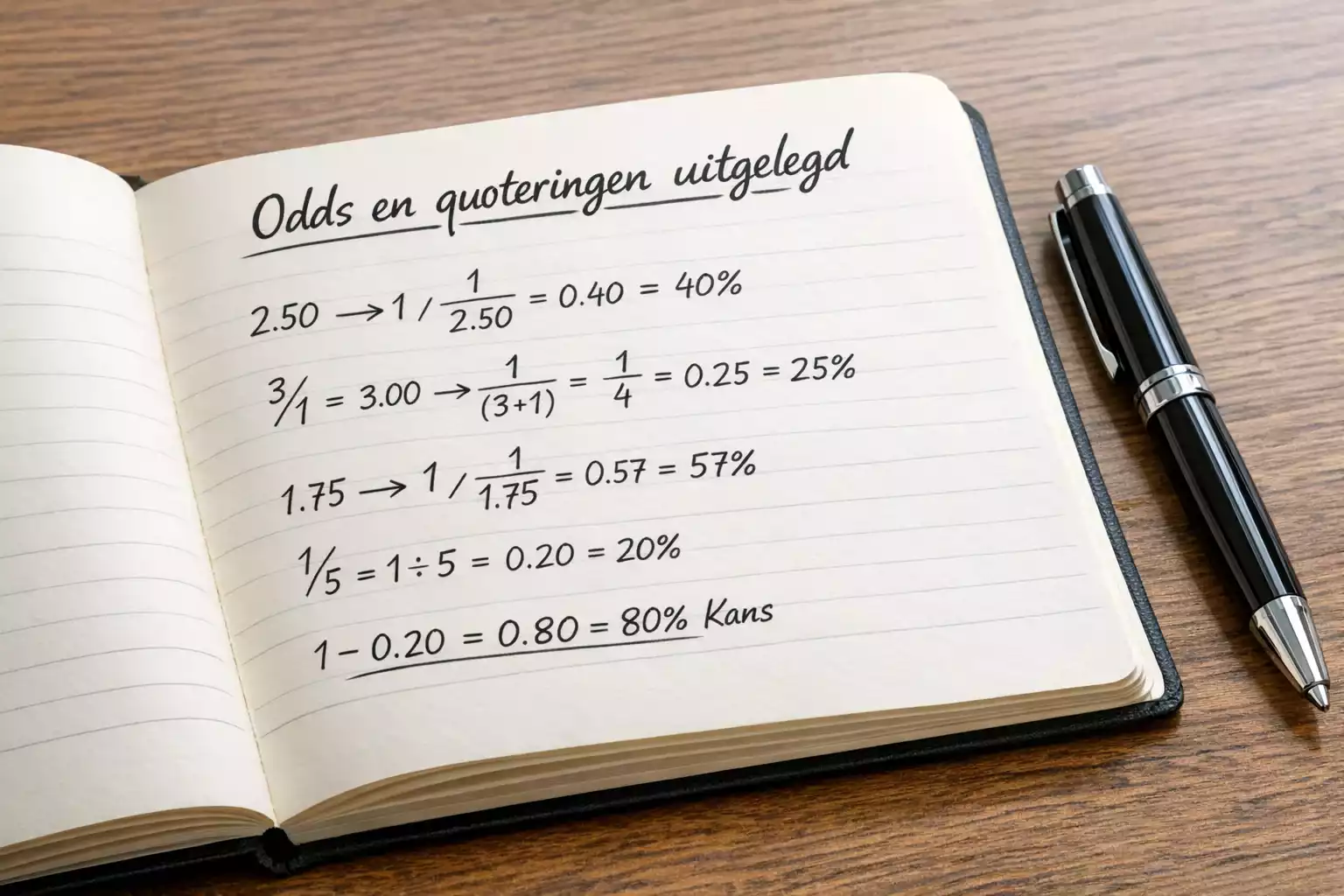 Notitieboek met berekeningen en pen op bureau