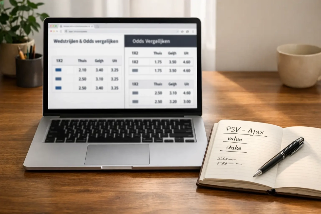 Laptop met meerdere bookmaker websites en odds vergelijking op het scherm