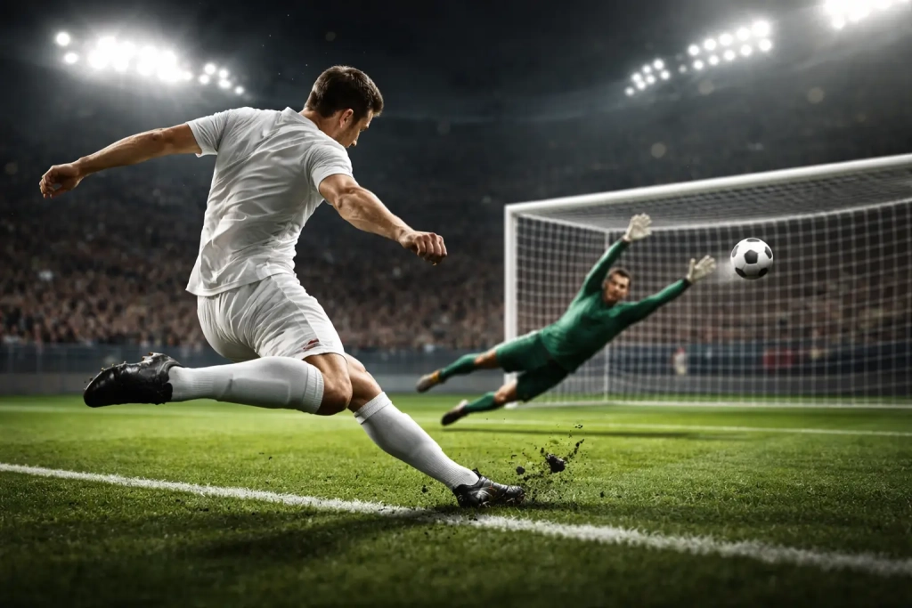 Voetballer schiet op doel tijdens een aanval