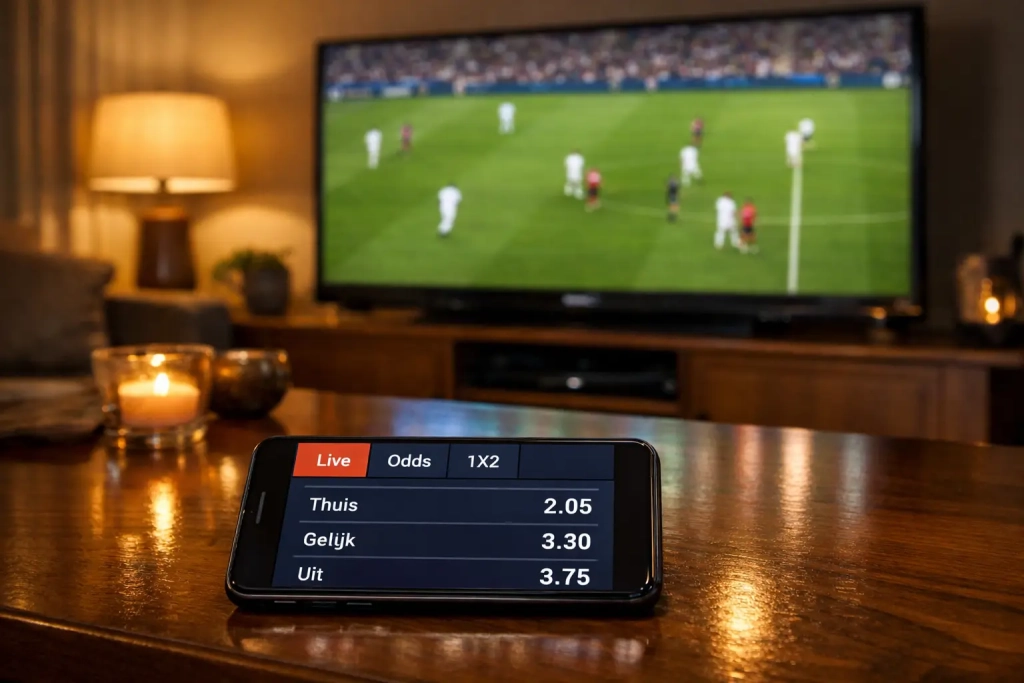 Smartphone met live wedden app naast televisie met voetbalwedstrijd