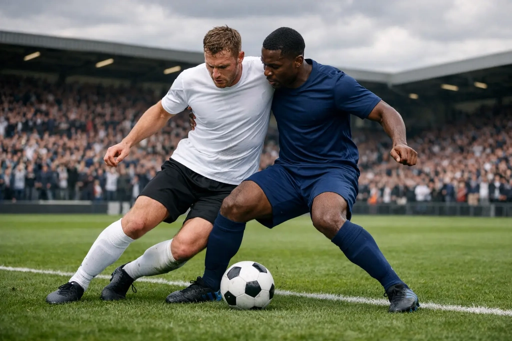 Premier League wedstrijd in een vol Engels stadion met intens duel