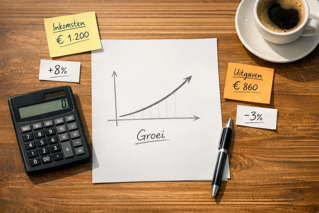 Grafiek met stijgende lijn op papier naast rekenmachine en notities