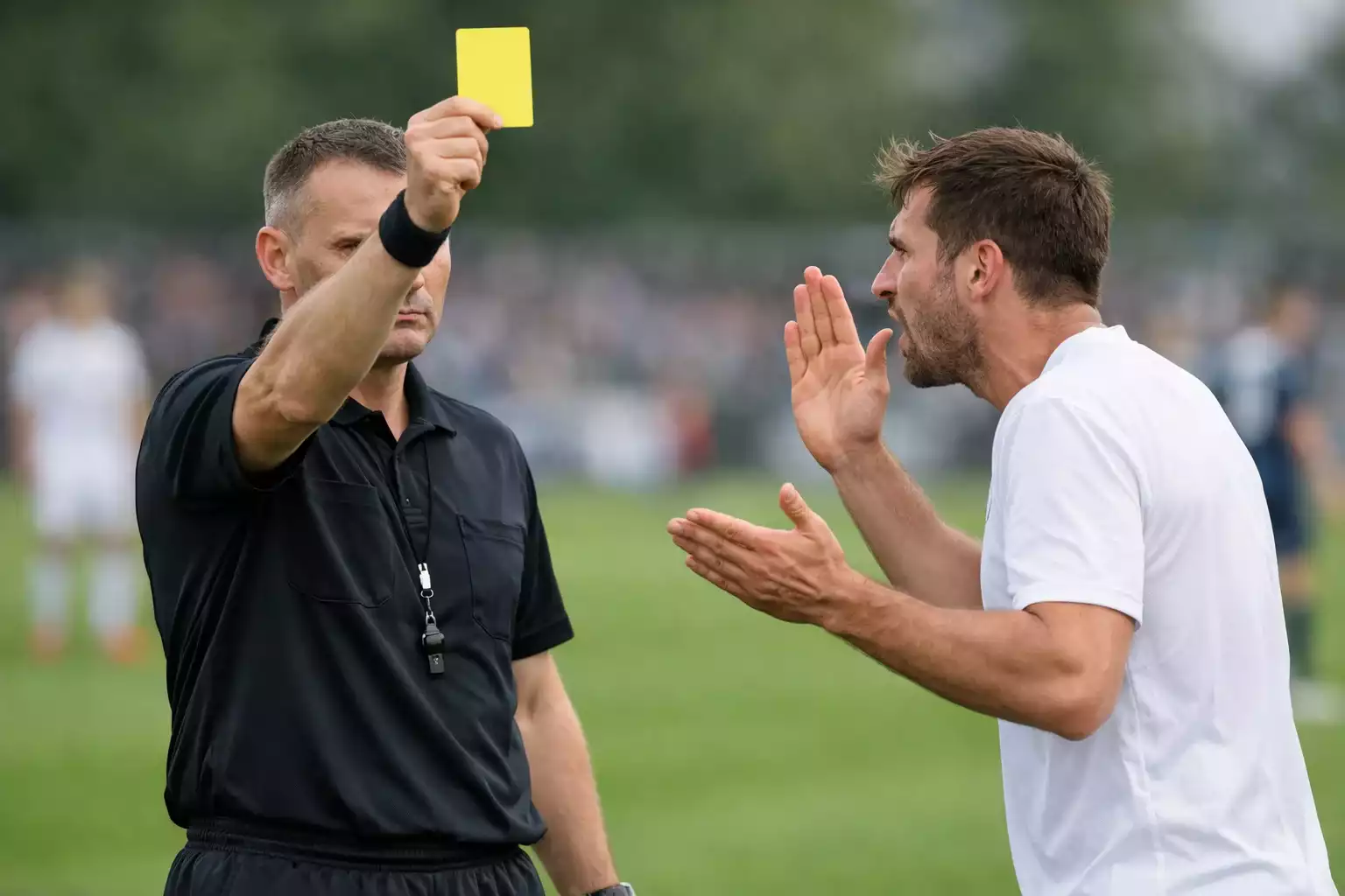 Scheidsrechter toont gele kaart aan speler tijdens voetbalwedstrijd