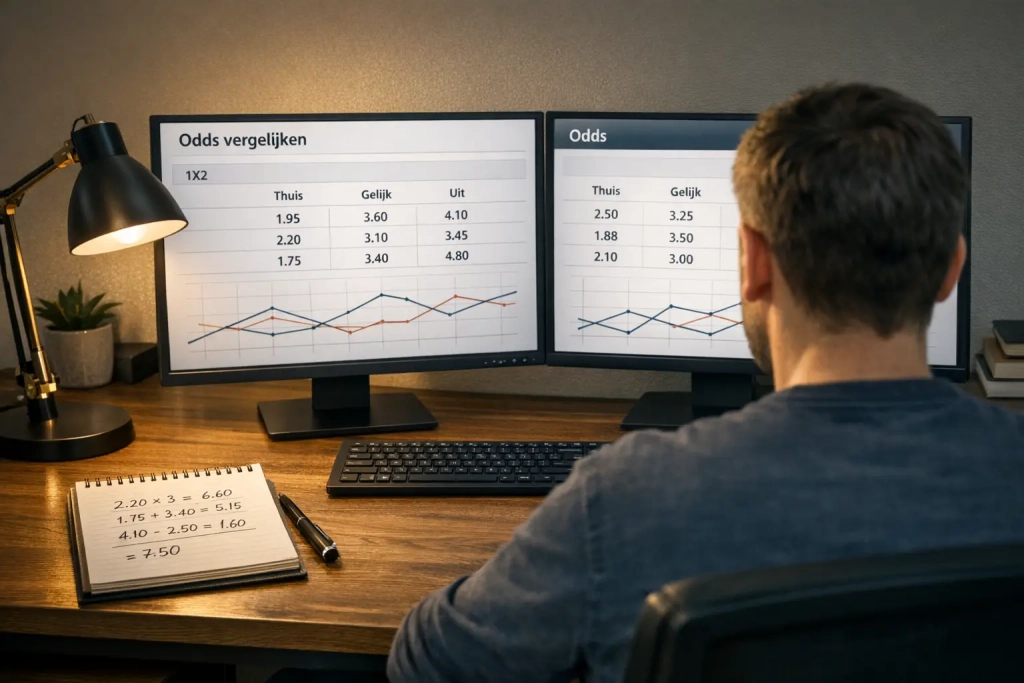 Persoon analyseert odds op meerdere computerschermen met notitieblok
