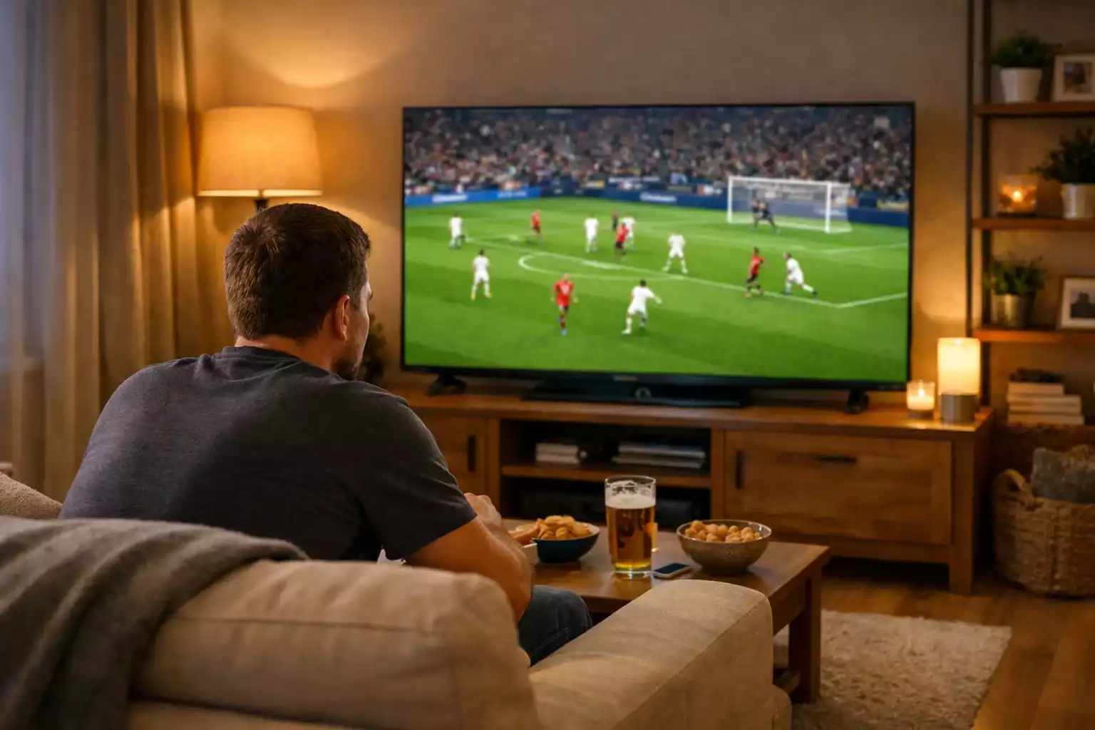 Persoon bekijkt voetbalwedstrijd op televisie thuis