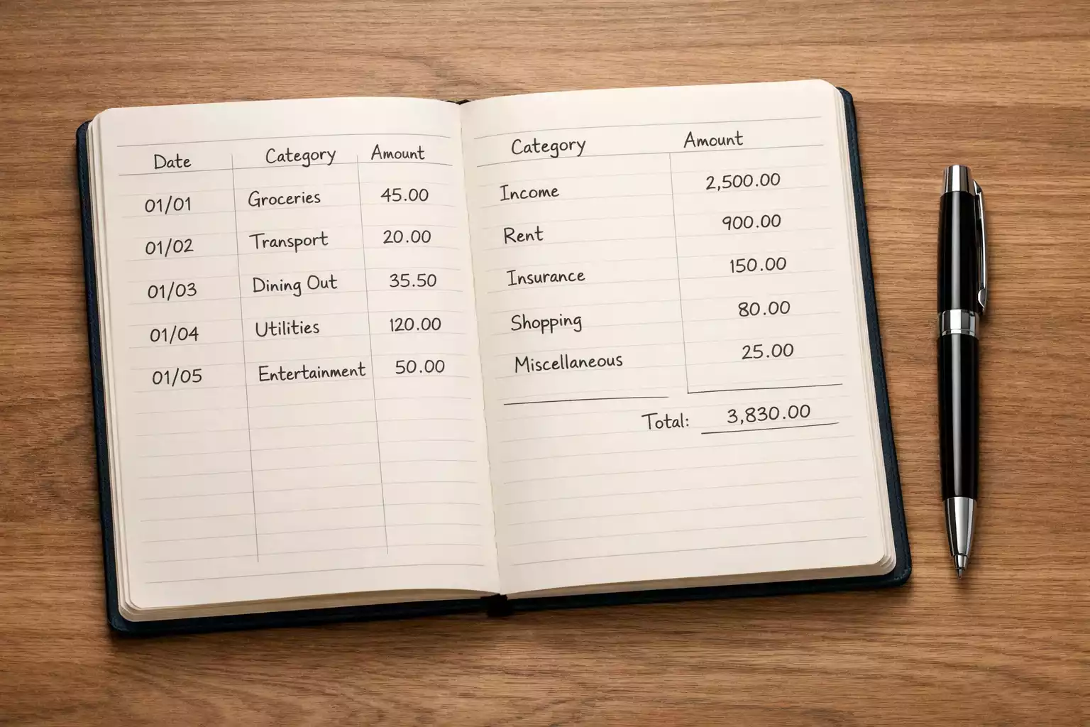 Overzichtelijk notitieboek met kolommen en cijfers