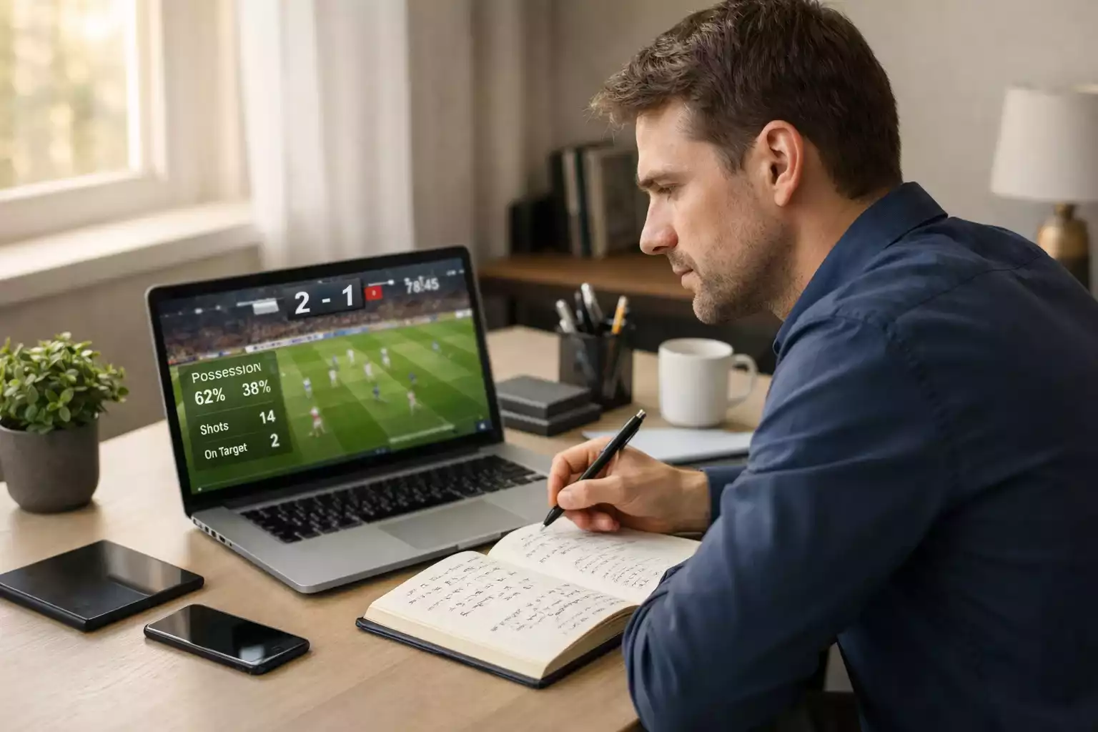 Persoon analyseert voetbalgegevens op laptop