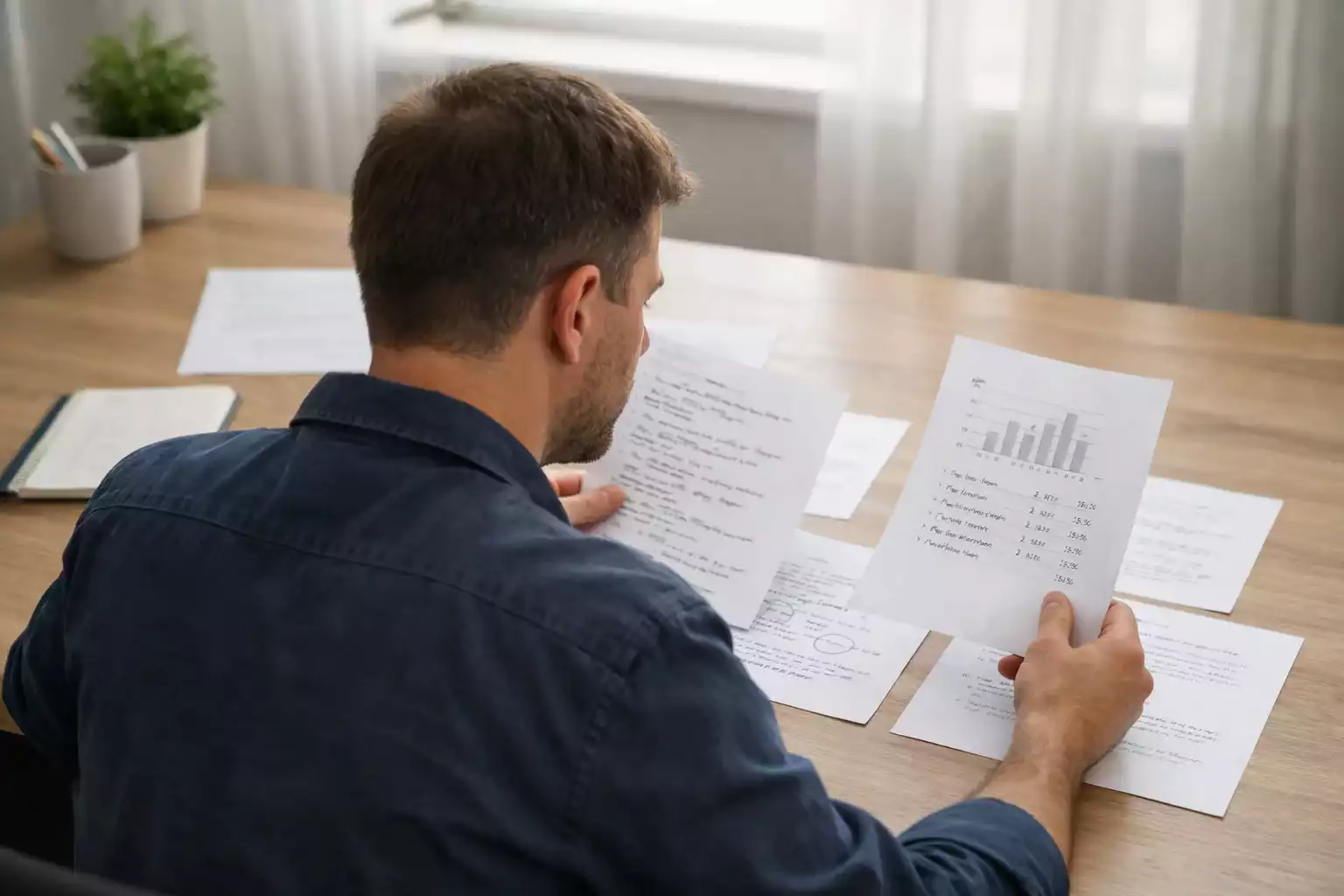 Persoon vergelijkt gegevens op meerdere vellen papier