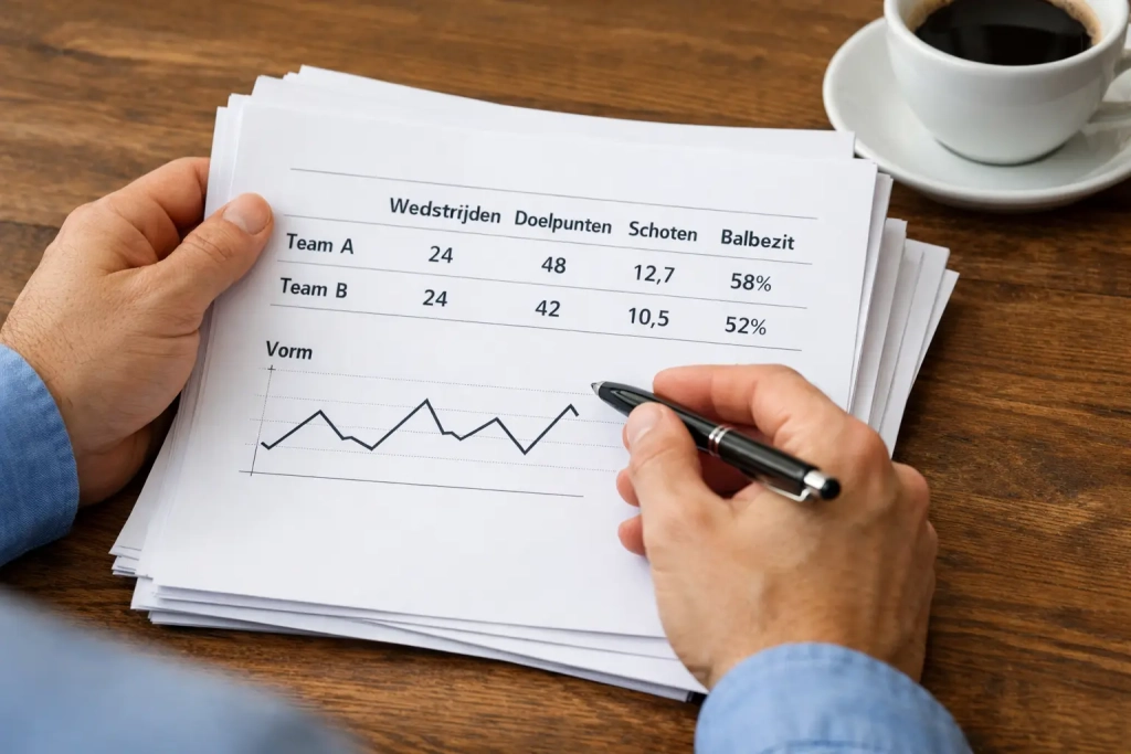 Analist bestudeert voetbalstatistieken op papier