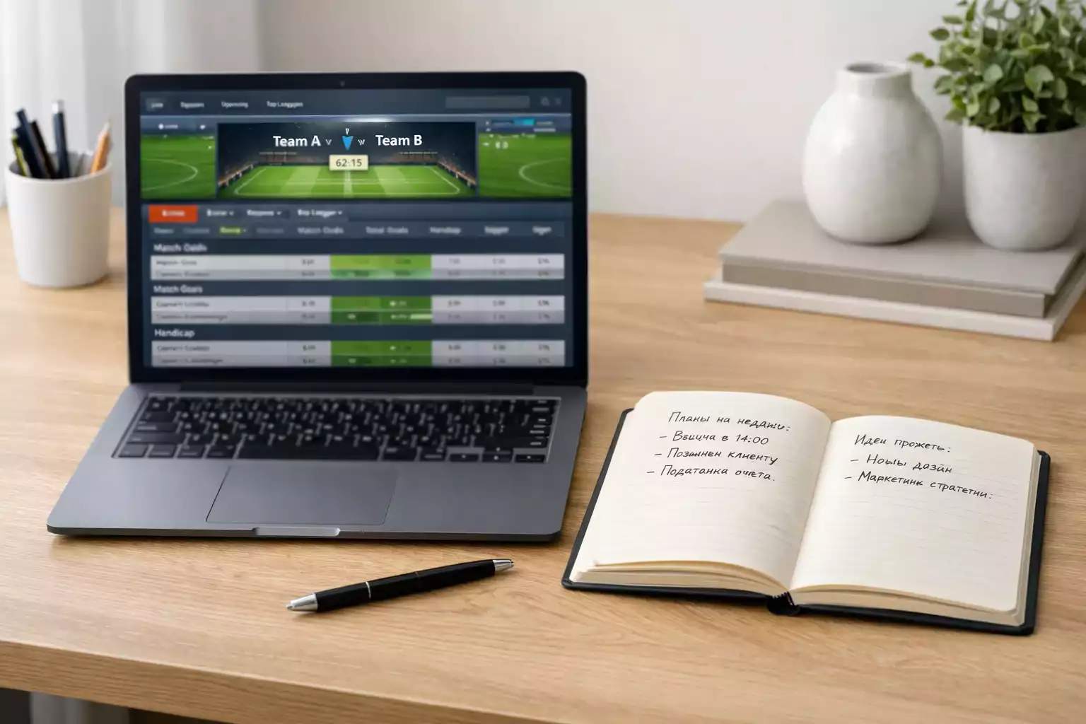 Laptop en notitieboek op georganiseerd bureau