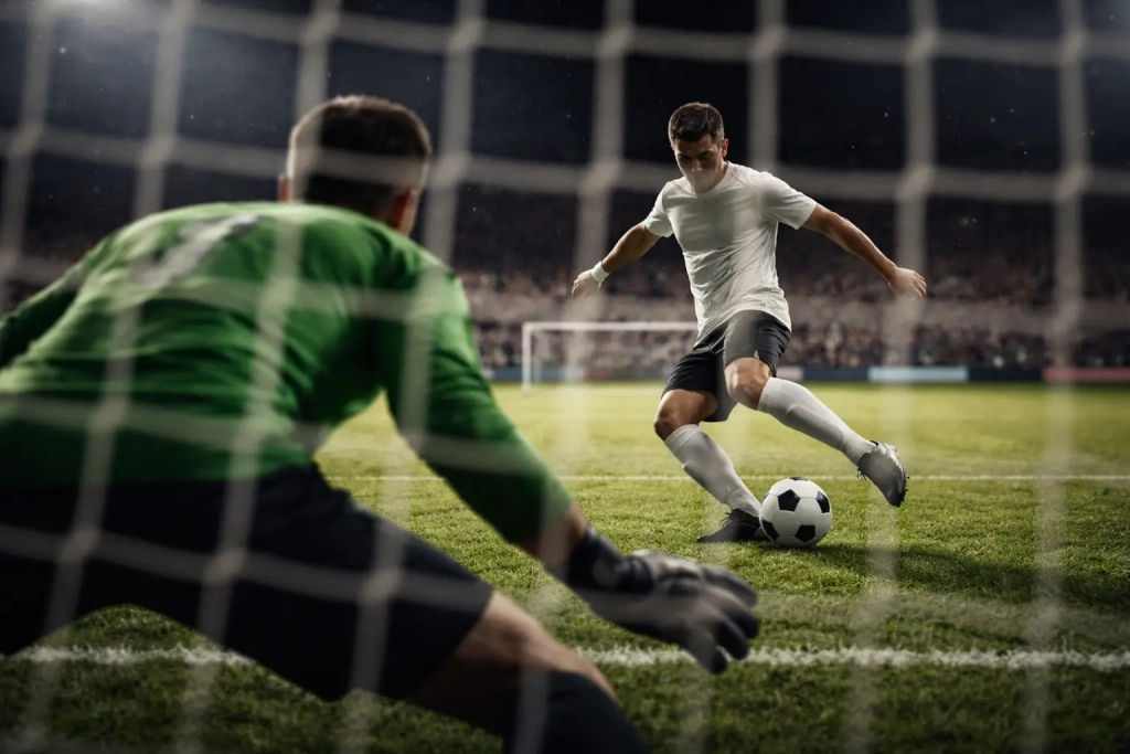 Voetballer neemt een schot op doel met zicht op de doelkans