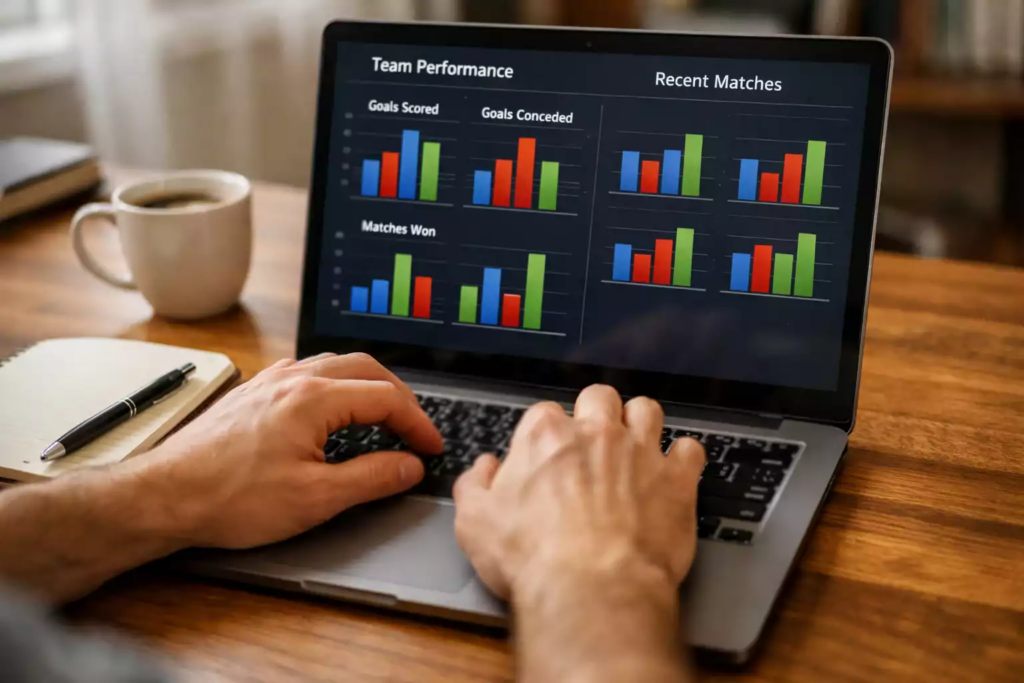 Persoon analyseert voetbalstatistieken op laptop met notitieblok