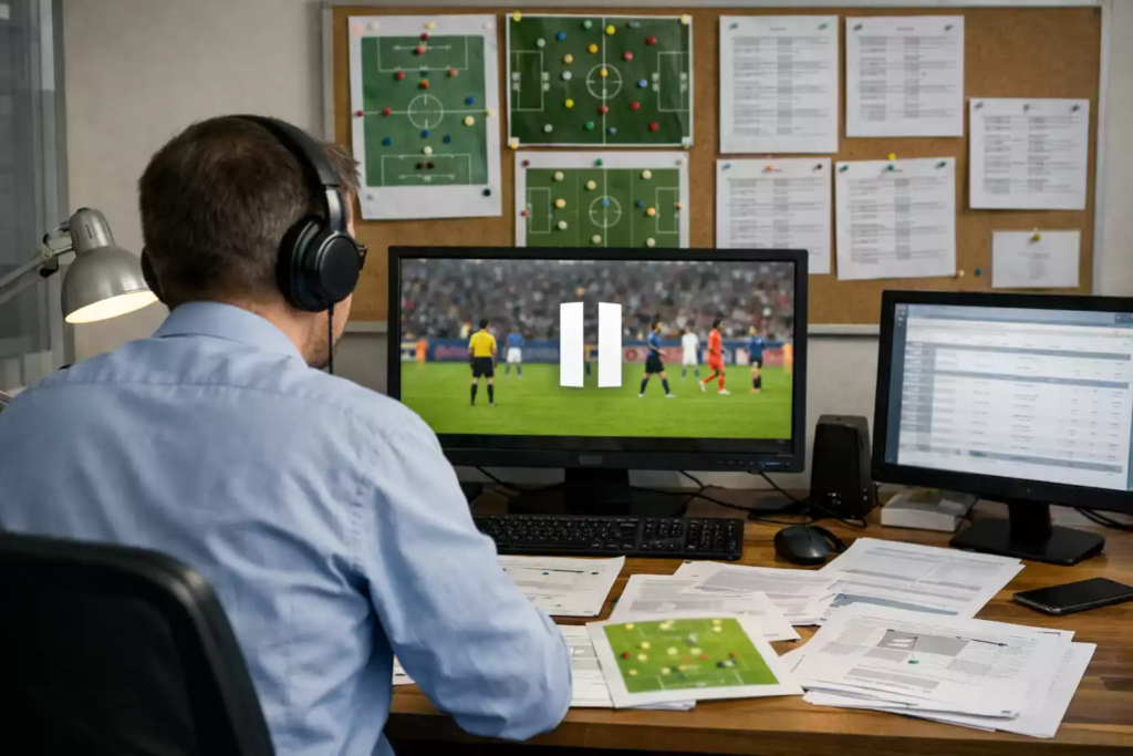 Voetbalanalist bestudeert teamgegevens en wedstrijdverslagen