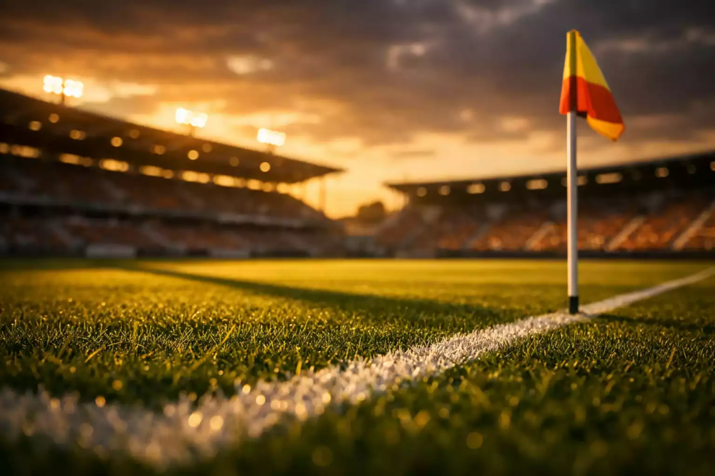 Voetbalveld met wedstrijdsfeer onder stadionverlichting