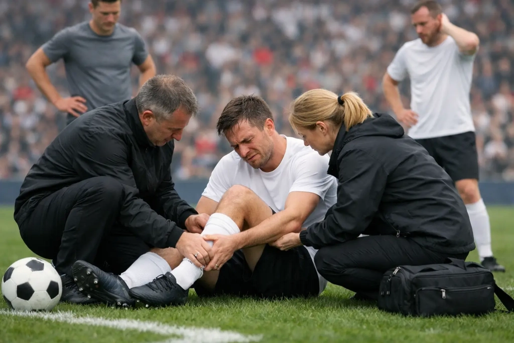Geblesseerde voetballer krijgt verzorging op het veld tijdens een wedstrijd