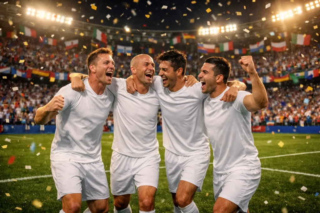 Internationaal voetbaltoernooi met nationale teams en volle tribunes